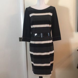WHBM 3/4 Sleeve Dress knit zip back and lined w/ elastic and patent belt. EUC.